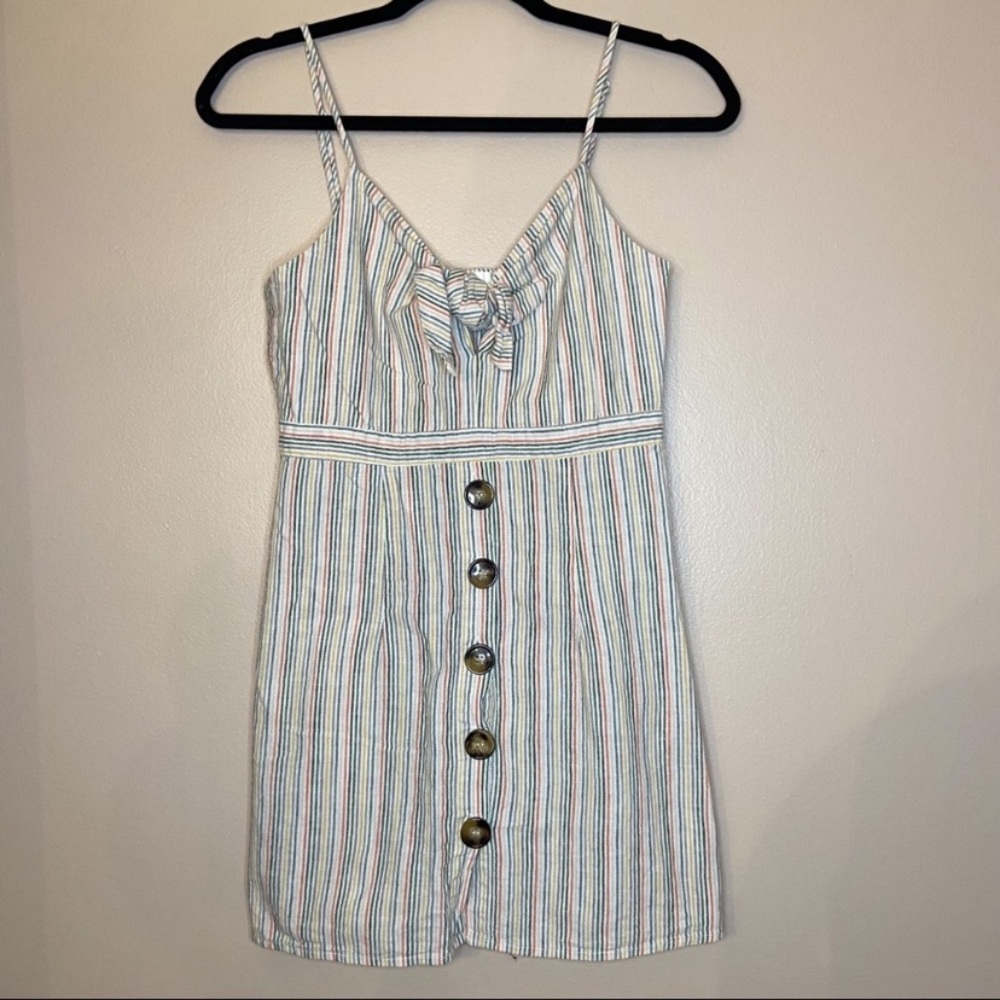 MAHINA STRIPED BUTTON DOWN SPAGHETTI STRAP DRESS WITH KNOT TIE